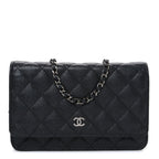 Iridescent Caviar Quilted Wallet on Chain WOC Black