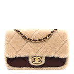 Shearling Lambskin Quilted Furry Coco Flap Dark Brown Beige