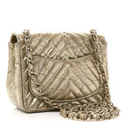 Patent Metallic Crumpled Calfskin Chevron Quilted Mini Square Flap Gold