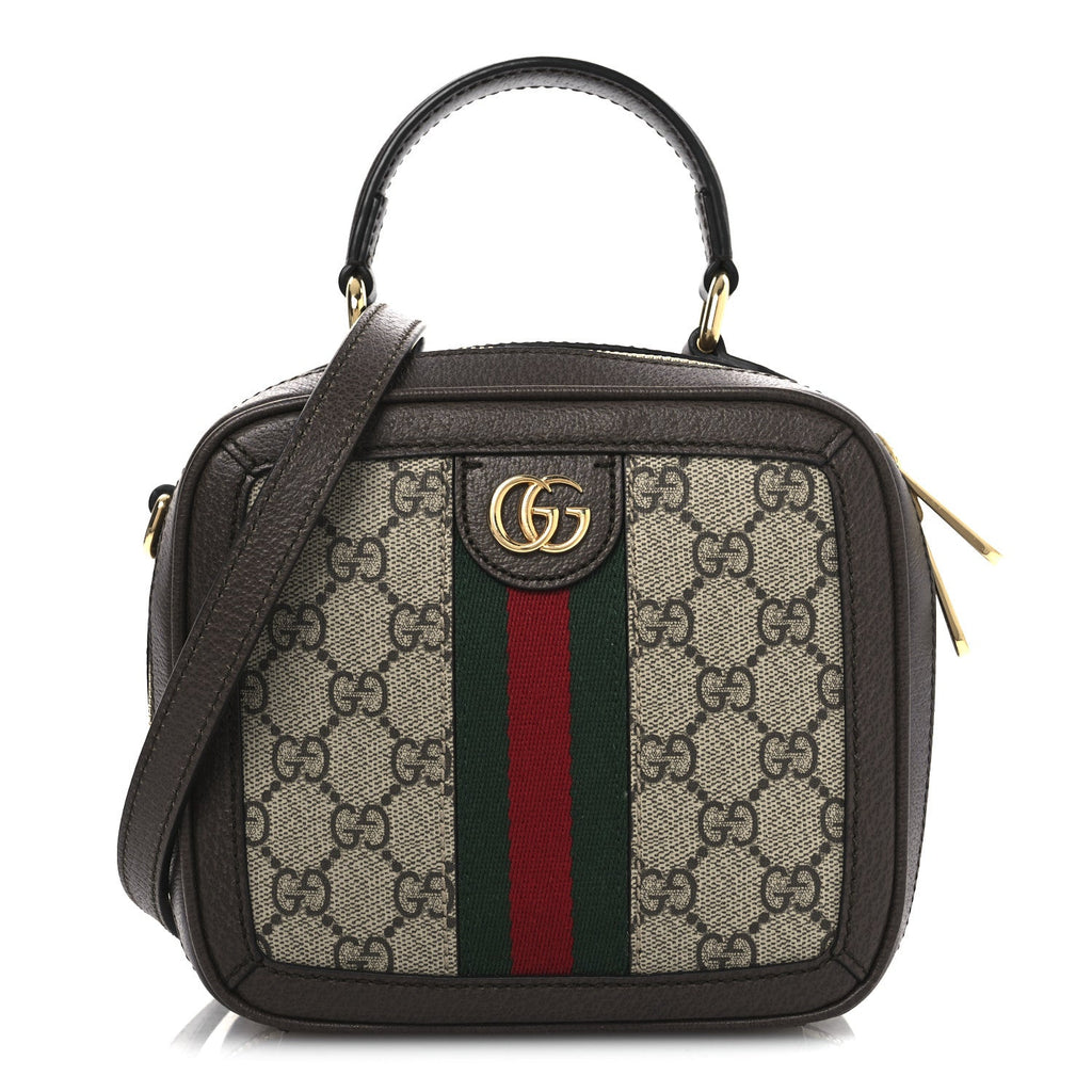 GG Supreme Monogram Textured Dollar Calfskin Mini Ophidia Top Handle Square Shoulder Bag Beige Ebony New Acero