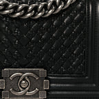 Lambskin Braided Woven Small Boy Flap Black