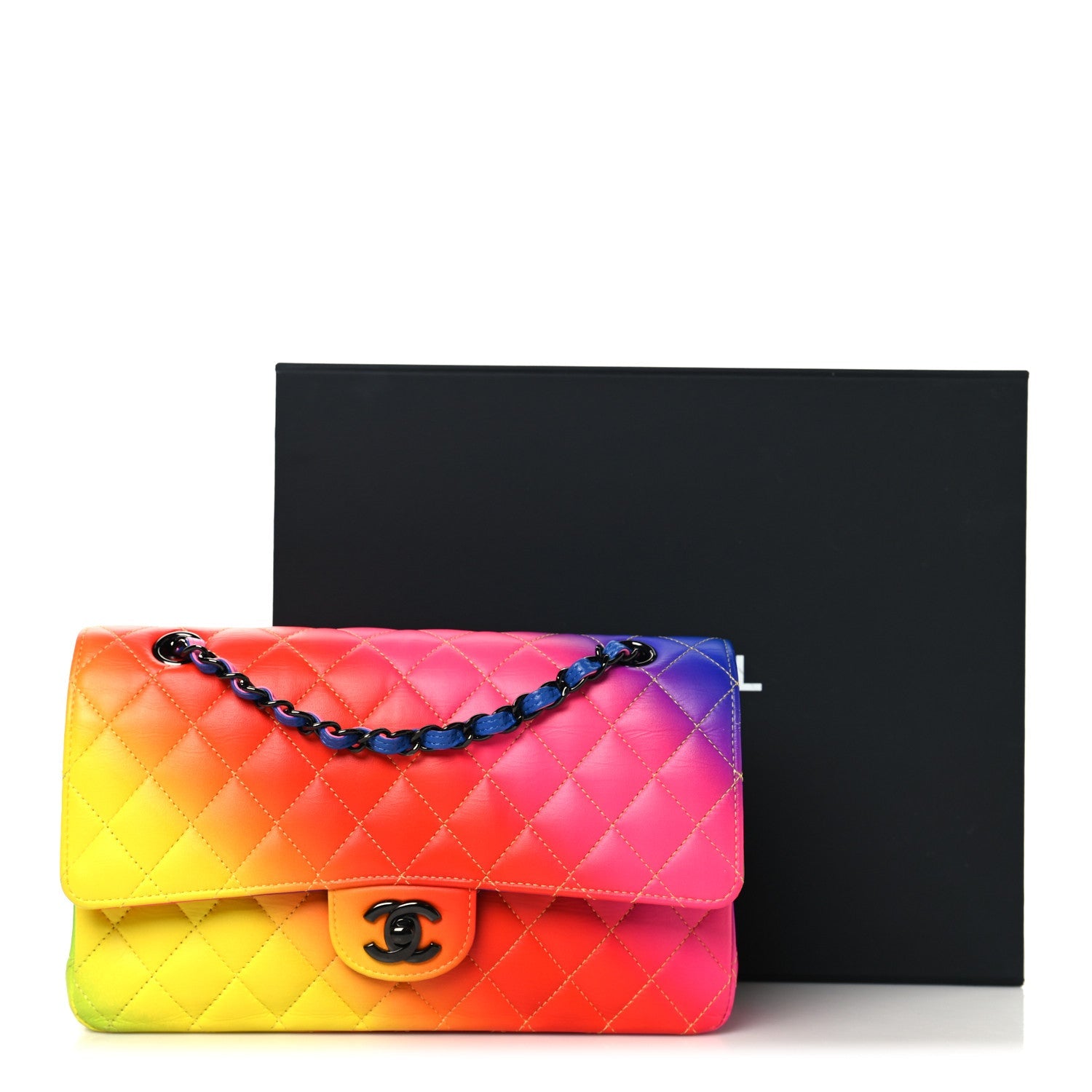 Calfskin Quilted Medium Rainbow Double Flap Multicolor