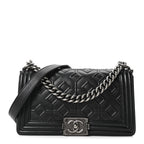 Calfskin Crystal Embossed Medium Boy Flap Black