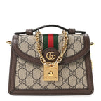 GG Supreme Monogram Textured Dollar Calfskin Web Mini Ophidia Padlock Top Handle Chain Shoulder Bag Beige Ebony New Acero