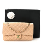 Caviar Quilted Medium Double Flap Beige