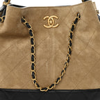 Suede Calfskin Shiny Lambskin Quilted Coco Base Shopping Bag Beige Black