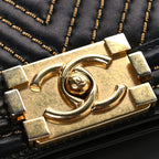 Lambskin Chevron Chain Stitched Small Boy Flap Black