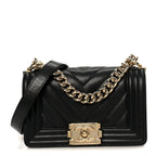 Caviar Chevron Quilted Small Boy Flap Black