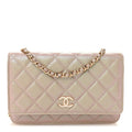 Iridescent Caviar Quilted Wallet on Chain WOC Beige
