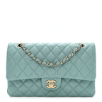 Caviar Quilted Medium Double Flap Light Blue