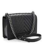 Caviar Chevron Quilted New Medium Boy Flap Dark Navy Blue