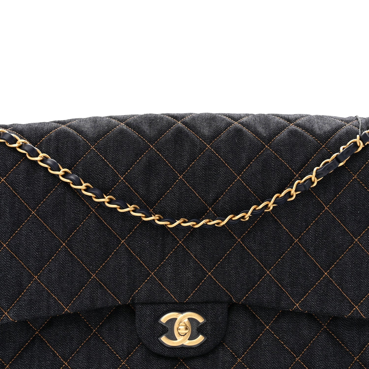 Denim Quilted XXL Travel Flap Bag Dark Blue Orange