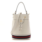 Glazed Textured Calfskin Web Small Ophidia Bucket Bag Mystic White