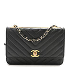 Lambskin Chevron Quilted Trendy CC Wallet On Chain WOC Black