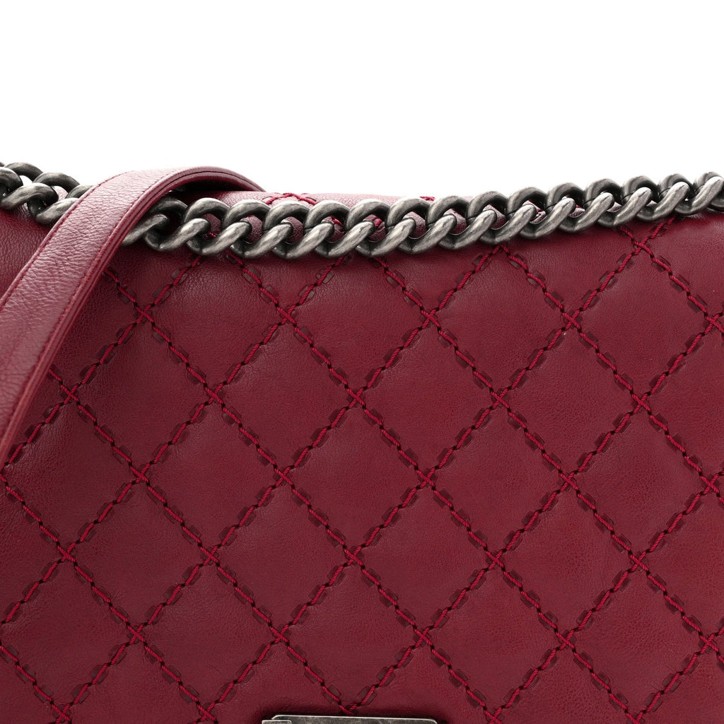Calfskin Quilted Double Stitch New Medium Boy Flap Burgundy