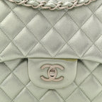Metallic Lambskin Quilted Jumbo Double Flap Green