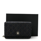 Denim Quilted CC Turnlock Wallet On Chain WOC Dark Blue Orange