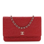 Lambskin Camellia Embossed Wallet On Chain WOC Red
