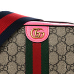 GG Supreme Monogram Textured Dollar Calfskin Web Ophidia Small Crossbody Bag Beige Ebony Fuchsia