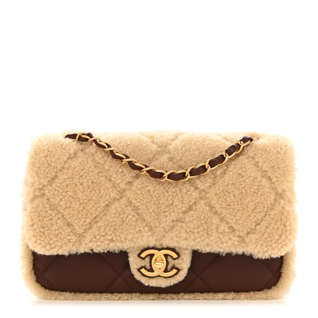 Shearling Lambskin Quilted Furry Coco Flap Dark Brown Beige