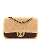 Shearling Lambskin Quilted Furry Coco Flap Dark Brown Beige