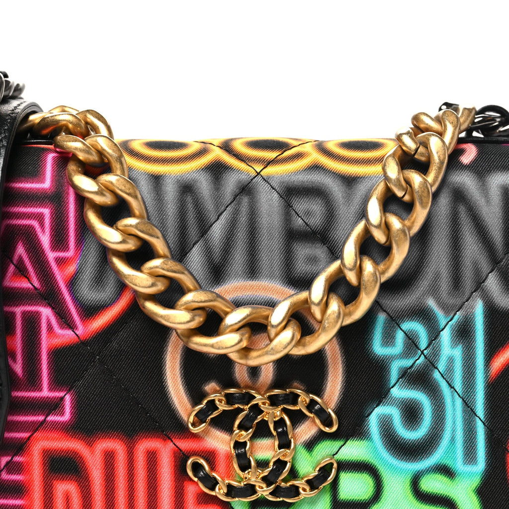 Fabric Printed Chanel 19 Wallet On Chain WOC Black Multicolor