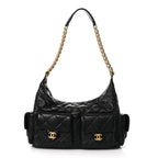 Shiny Lambskin Quilted Trendy Pockets Hobo Black