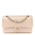 Pearly Caviar Quilted Medium Double Flap Light Beige