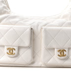 Shiny Lambskin Quilted Trendy Pockets Hobo White