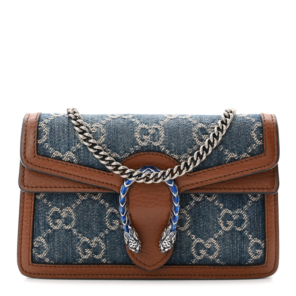 New Denim GG Monogram Dollar Calfskin Enamel Super Mini Dionysus Shoulder Bag Blue Tea Cuir Epilog Electric Blue