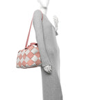Calfskin Suede Gingham Woven Basket Bag Soft Pink White