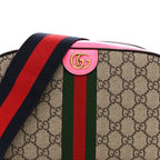GG Supreme Monogram Textured Dollar Calfskin Web Ophidia Small Crossbody Bag Beige Ebony Fuchsia
