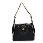 Braided Raffia Calfskin Small Chanel 25 Handbag Black White