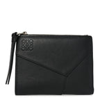 Calfskin Puzzle Zip Slim Compact Bi-Fold Wallet Black