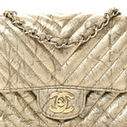 Patent Metallic Crumpled Calfskin Chevron Quilted Mini Square Flap Gold