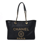 Straw Raffia Calfskin Chain Small Deauville Tote Black