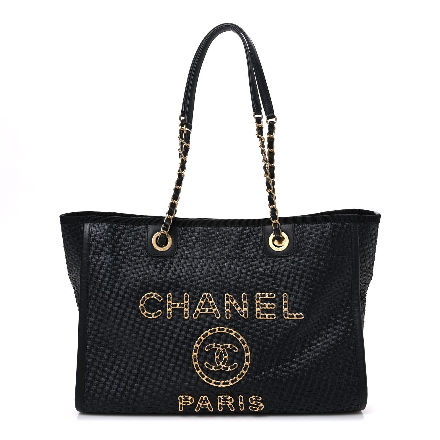 Straw Raffia Calfskin Chain Small Deauville Tote Black