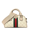 GG Supreme Monogram Textured Dollar Calfskin Web Mini Ophidia Top Handle Bowler Bag Beige Mystic White Oatmeal