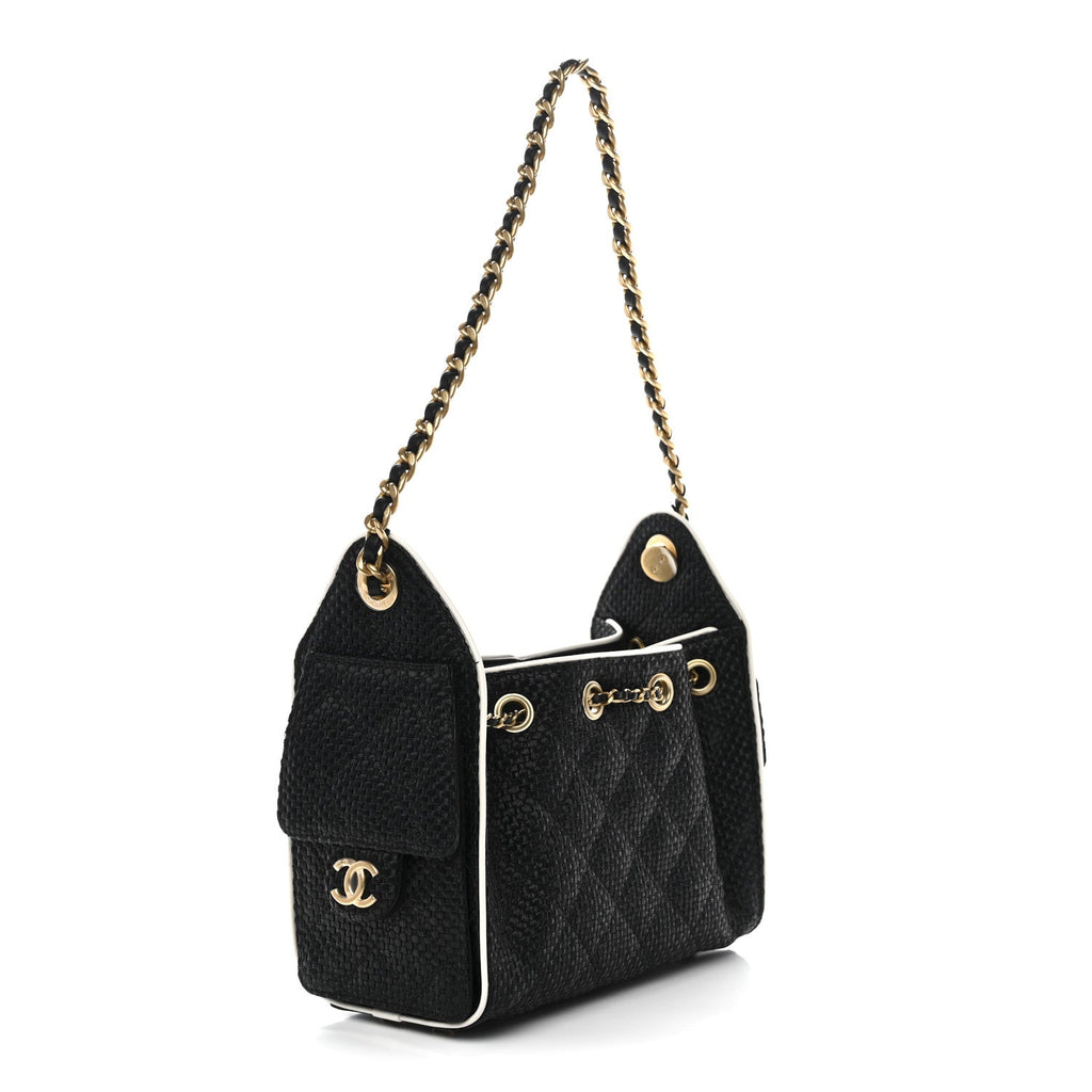 Braided Raffia Calfskin Quilted Mini Chanel 25 Handbag Black White