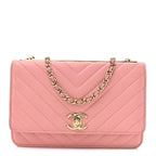 Lambskin Chevron Quilted Trendy CC Wallet On Chain WOC Pink