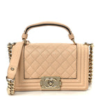 Calfskin Quilted Small Boy Top Handle Flap Beige Clair