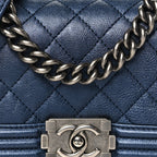 Metallic Calfskin Quilted Mini Boy Flap Blue