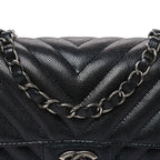 Metallic Caviar Chevron Quilted Mini Rectangular Flap Black