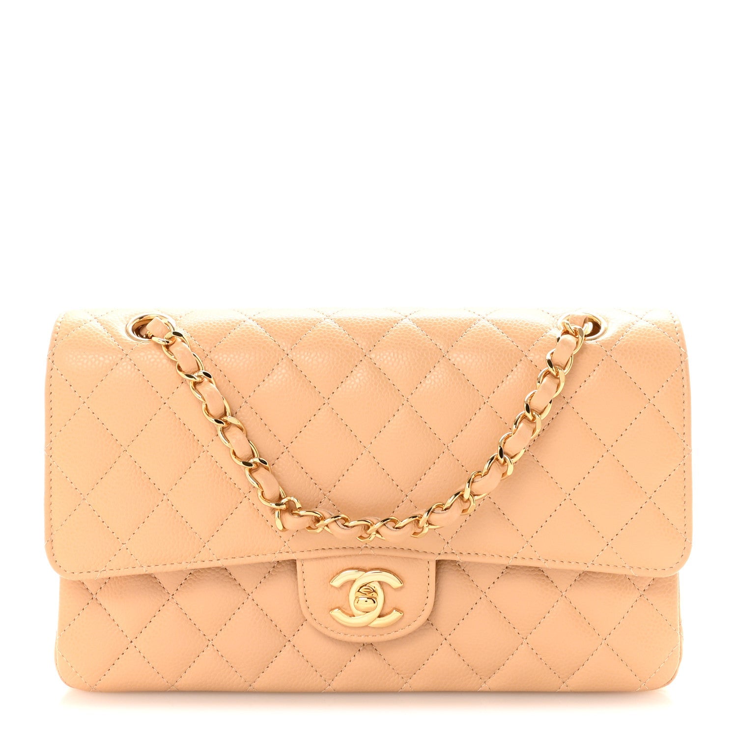 Caviar Quilted Medium Double Flap Beige
