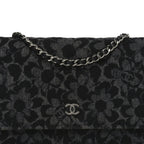 Printed Denim Quilted Flower Wallet On Chain WOC Black