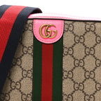 GG Supreme Monogram Textured Dollar Calfskin Web Ophidia Small Crossbody Bag Beige Ebony Fuchsia