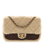 Shearling Lambskin Quilted Furry Coco Flap Dark Brown Beige