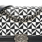 Calfskin Woven Medium Boy Flap Black White