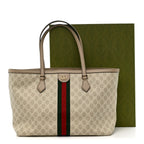GG Supreme Monogram Textured Dollar Calfskin Web Medium Ophidia Shopping Tote Beige Mystic White Oatmeal