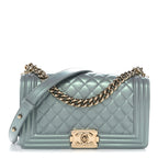 Iridescent Patent Calfskin Quilted Medium Boy Flap Light Blue